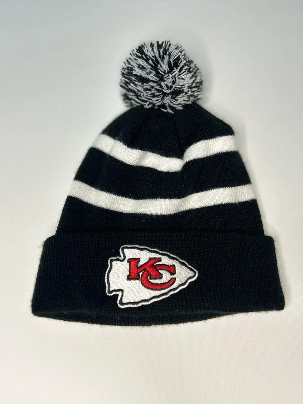 Kansas City Chiefs New Era Black White Stripe Cuff Pom Knit Beanie Hat NFL
